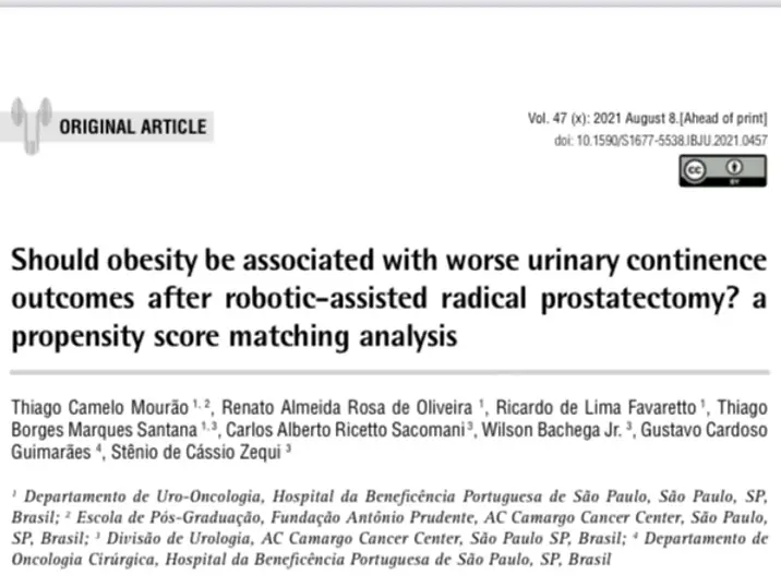 Publicação sobre recuperação da continência urinária em obesos submetidos a prostatectomia robótica