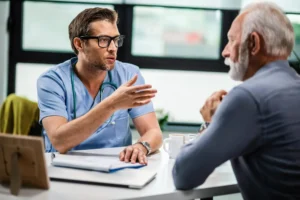 Um médico conversa com paciente em consulta.
